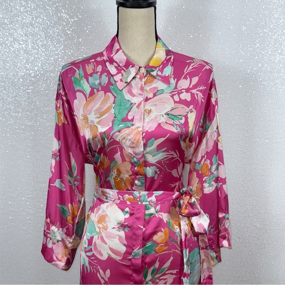 Zara Vibrant Satin Floral Women's collared button down shirt dress Large - Picture 7 of 15